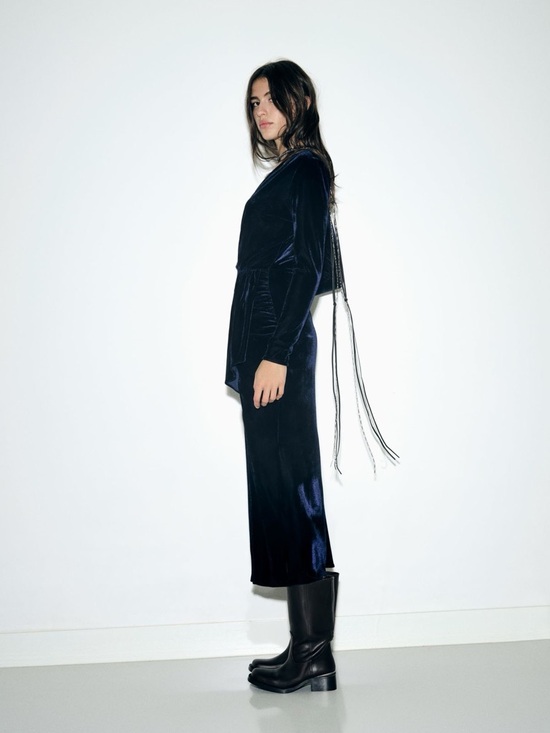 Zara Navy Velvet Wrap Midi Dress Ruched Slit Elegant Evening Size S - Picture 7 of 16